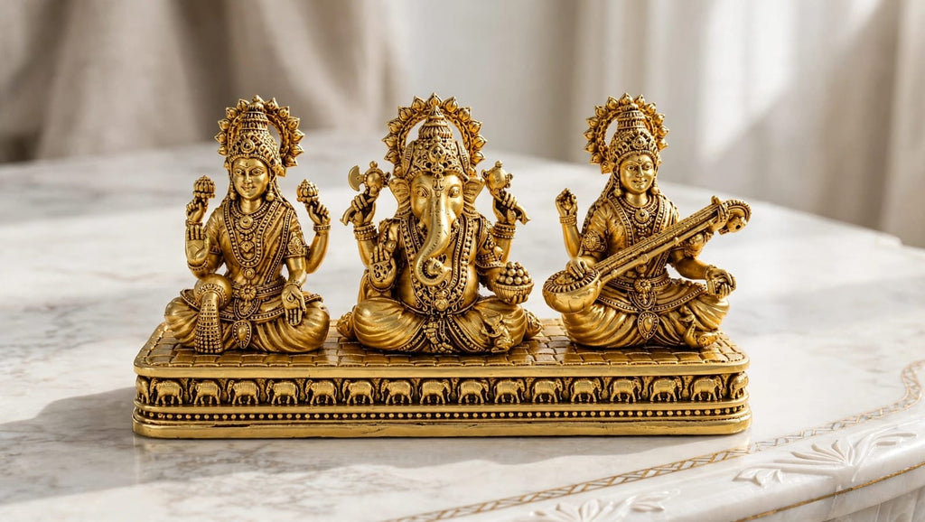 Brass Lakshmi Ganesh Saraswati Idol set for Home Temple, pooja room decor, Diwali gift and hindu religious Decoration.