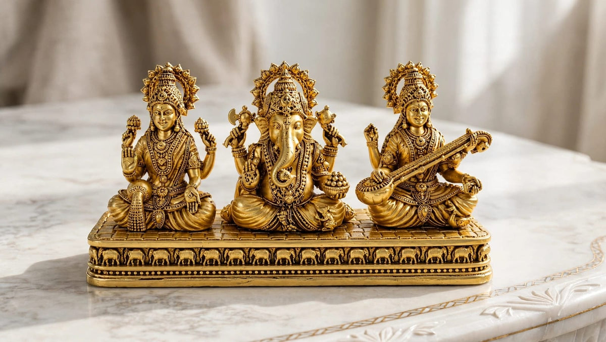 Brass Lakshmi Ganesh Saraswati Idol set for Home Temple, pooja room decor, Diwali gift and hindu religious Decoration.