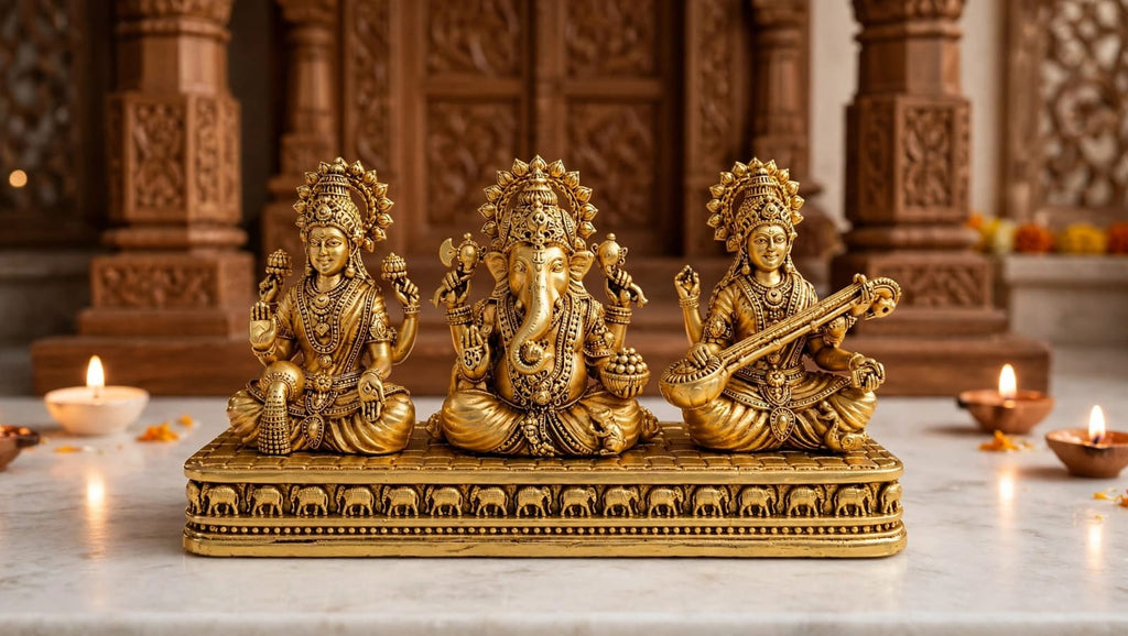 Brass Lakshmi Ganesh Saraswati Idol set for Home Temple, pooja room decor, Diwali gift and hindu religious Decoration.