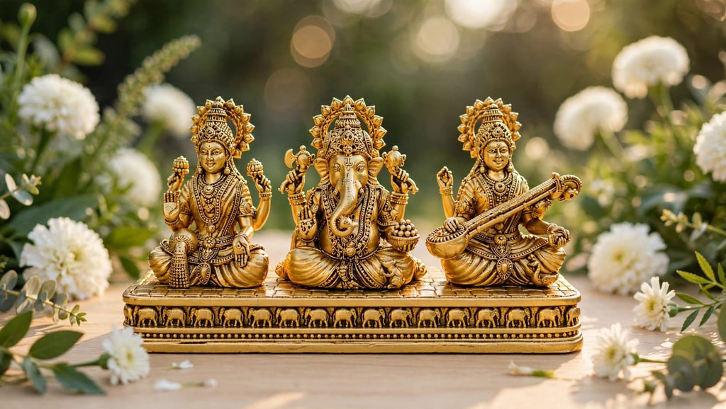 Brass Lakshmi Ganesh Saraswati Idol set for Home Temple, pooja room decor, Diwali gift and hindu religious Decoration.