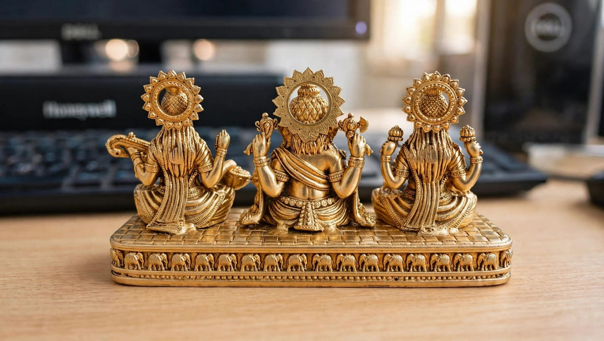 Brass Lakshmi Ganesh Saraswati Idol set for Home Temple, pooja room decor, Diwali gift and hindu religious Decoration.