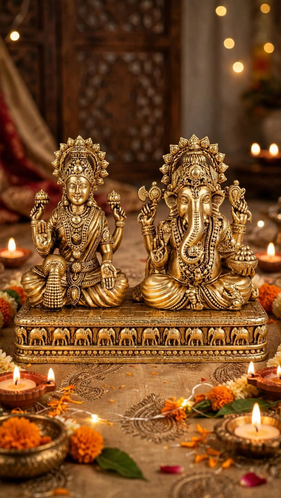 Brass Lakshmi Ganesh Idol set for Home Temple, Pooja Room Decoration and Diwali Gift.
