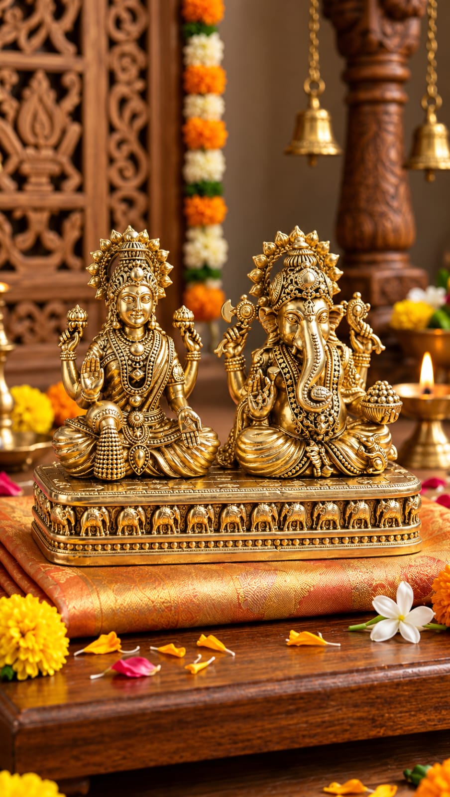 Brass Lakshmi Ganesh Idol set for Home Temple, Pooja Room Decoration and Diwali Gift.