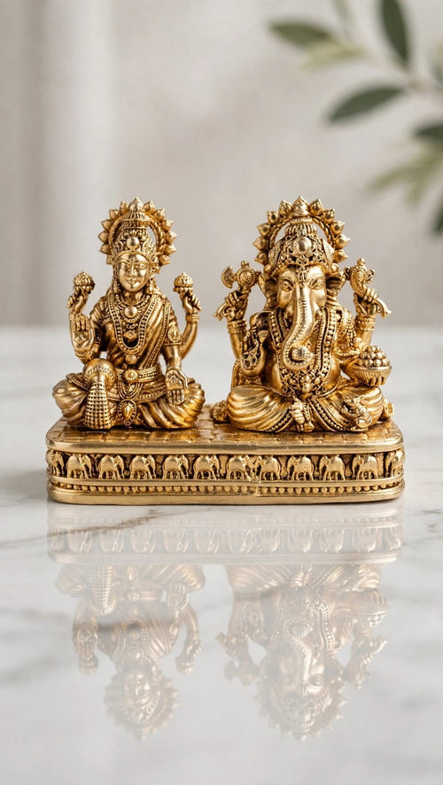 Brass Lakshmi Ganesh Idol set for Home Temple, Pooja Room Decoration and Diwali Gift.