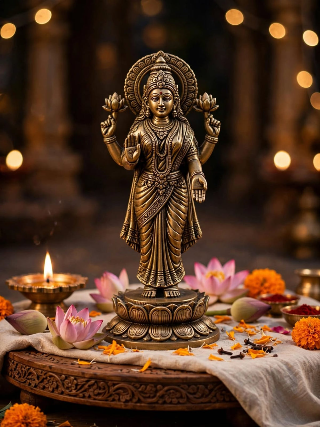 Antique Brass Lakshmi ji Idol-Goddess Lakshmi Statue for Home Temple & Pooja Room - Traditional Brass Decorative Figurine .