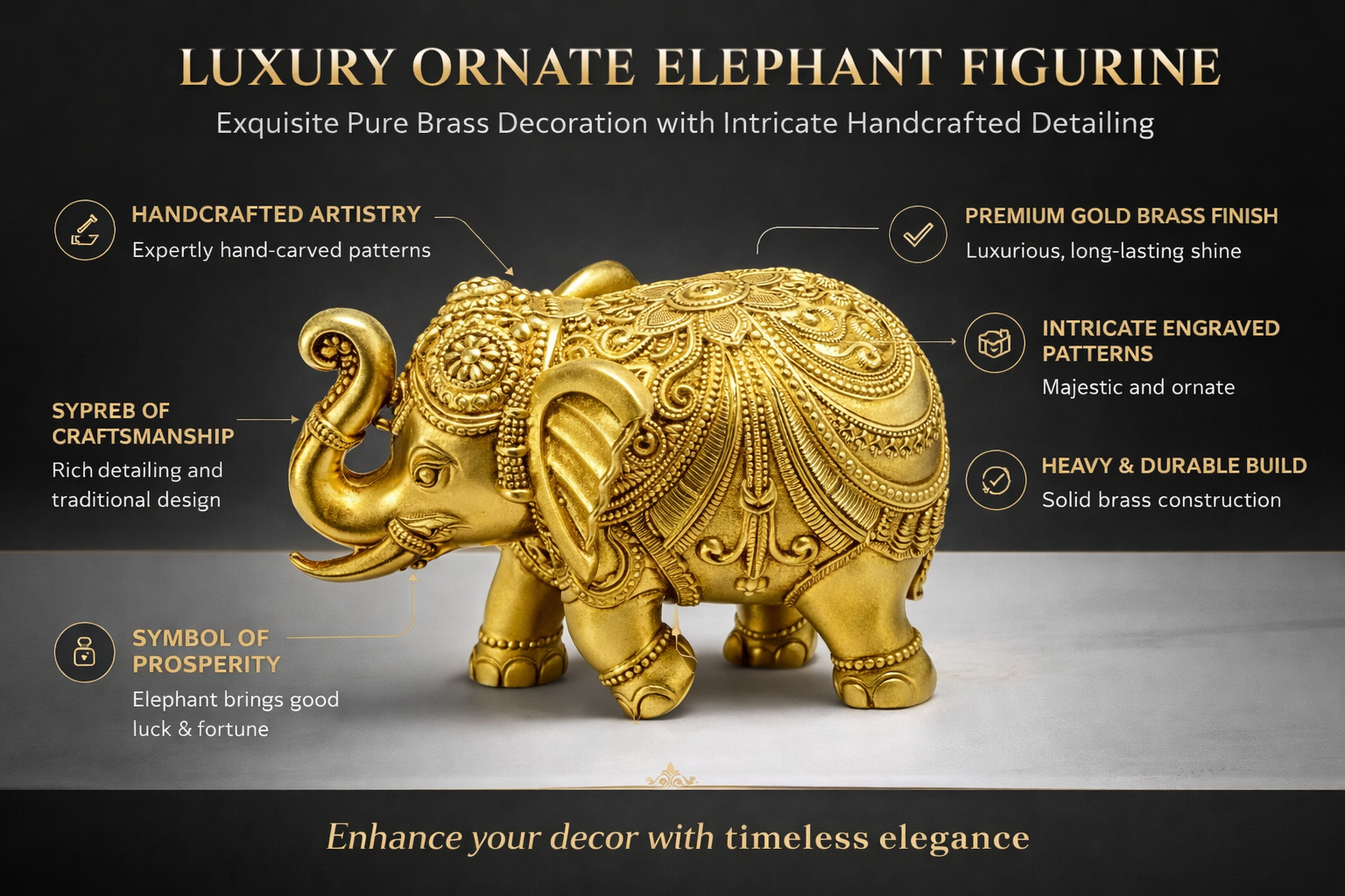 PeetalKraft brass elephant pair showpiece set for home decor , office decor | Vastu elephant pair | 2 pcs per pack | 440g