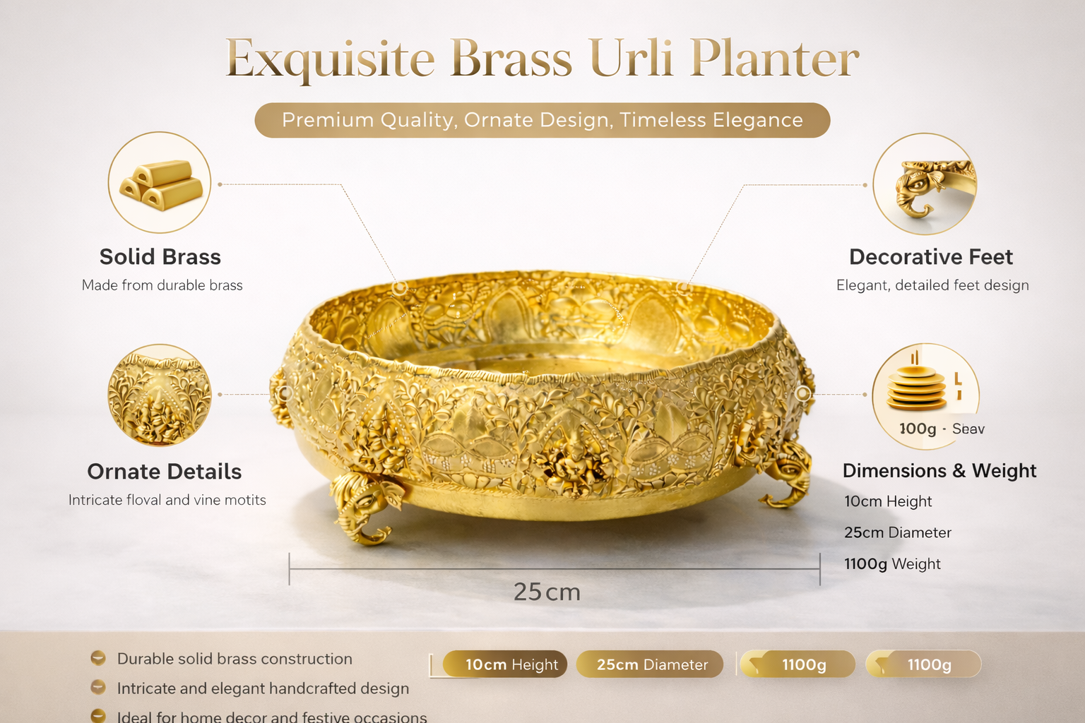 PeetalKraft Premium Brass Ashtalakshmi Urli for Home Decor, Pooja & Floating Flowers, 25 cm Dia, 10 cm Height, Housewarming Diwali Wedding Gift