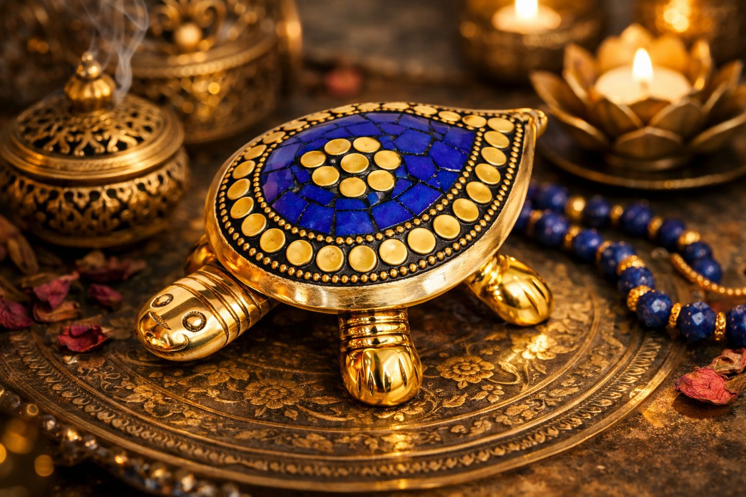 PeetalKraft Handcrafted Brass Blue Turtle Trinket Box with Turquoise Inlay, Size 9x6x4 cm, Weight 110 Grams