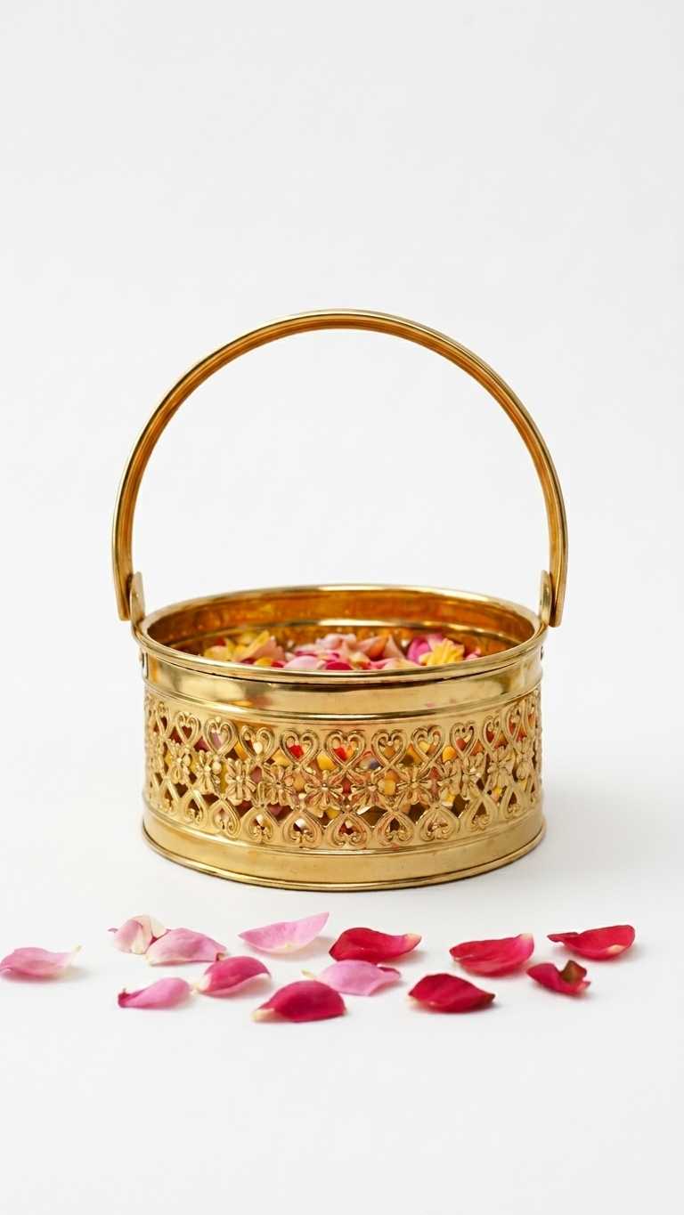 PeetalKraft Brass Pooja Daliya Basket with Handle | Decorative Filigree Design | Om Symbol | Rust-Proof & Durable | Ideal for Pooja, Aarti & Home Decor | 17cm, 20cm, 22cm Variants (large)