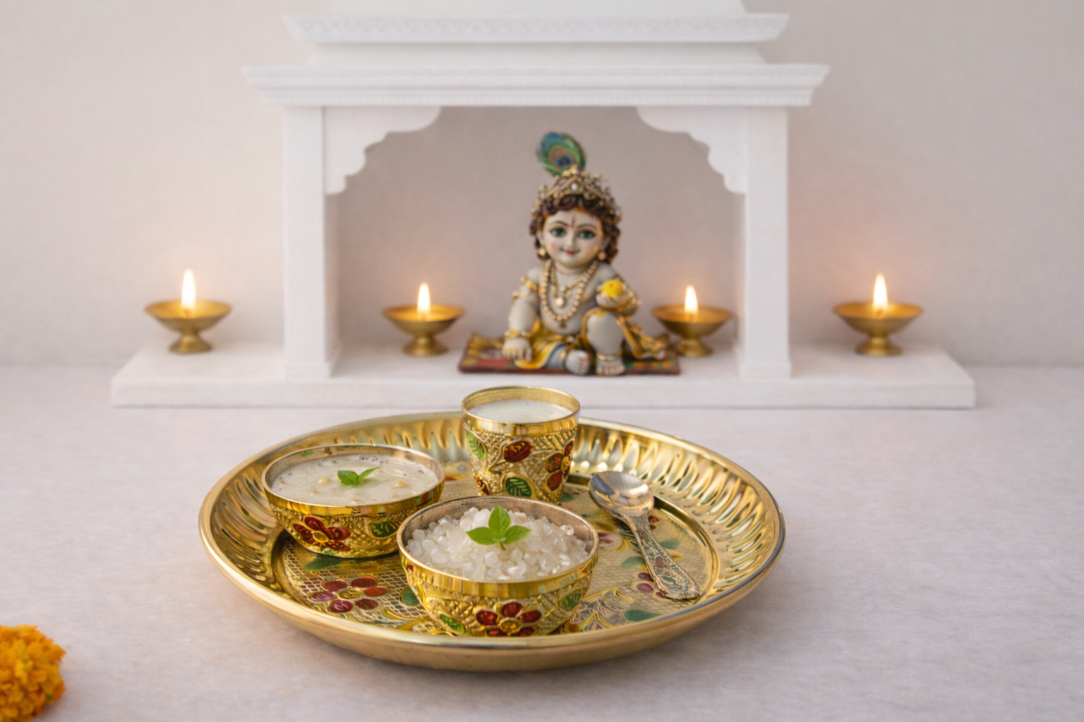 PeetalKraft Pure Brass Mini Bhog Thali Set for Laddu Gopal Ji, with 2 Katori & 1 Spoon,1 Glass with Decorative Prasad Plate, 13 cm 140g
