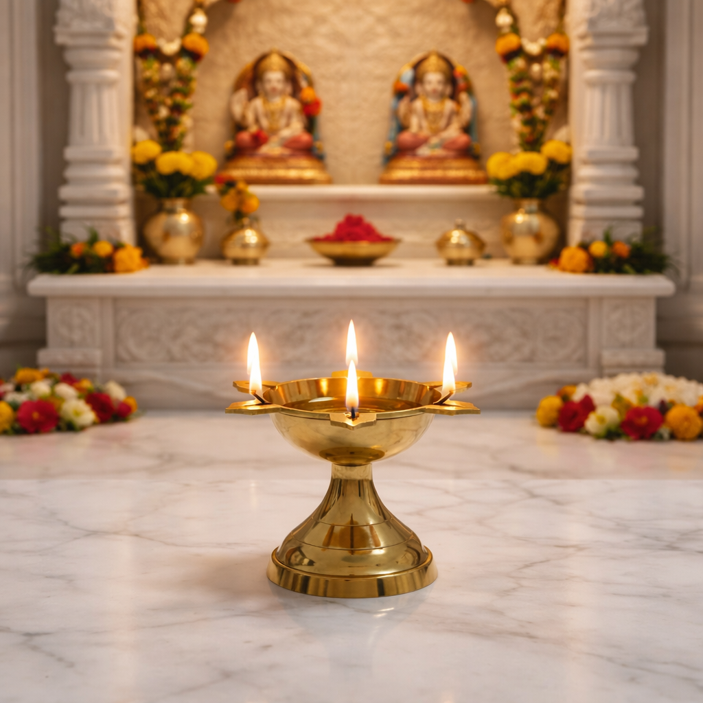 PeetalKraft Poona Devi Fancy Brass Deepak 5 Wick Traditional Pooja Diya Decorative Oil Lamp For Mandir Festive Use 7Cm 50G