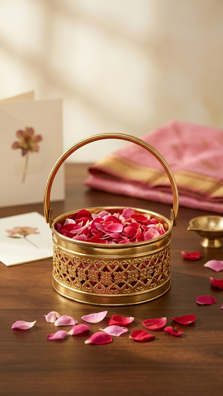PeetalKraft Brass Pooja Daliya Basket with Handle | Decorative Filigree Design | Om Symbol | Rust-Proof & Durable | Ideal for Pooja, Aarti & Home Decor | 8cm, 20cm, 20cm Variants (midium)