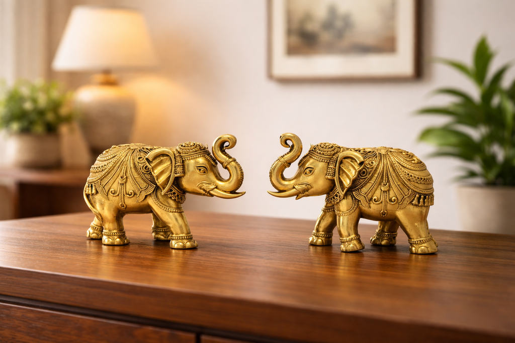 PeetalKraft brass elephant pair showpiece set for home decor , office decor | Vastu elephant pair | 2 pcs per pack | 440g