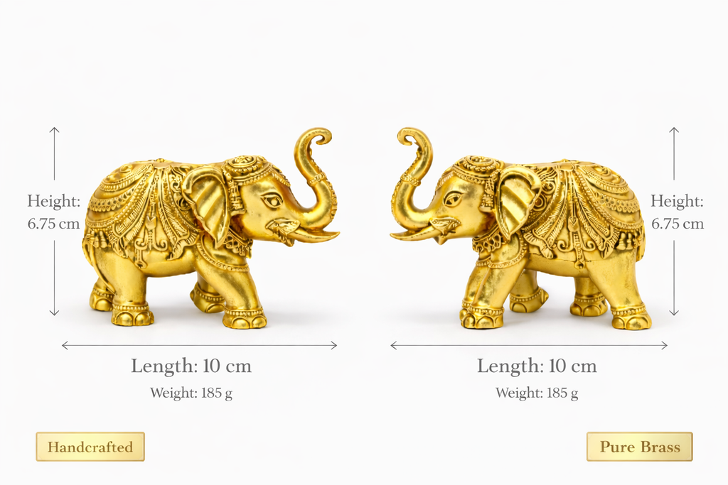 PeetalKraft Small Brass Elephant Pair Showpiece Set for Home Decor and Vastu, Size 7x2x5 cm, Weight 180 Grams