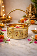 PeetalKraft Brass Pooja Daliya Basket with Handle | Decorative Filigree Design | Om Symbol | Rust-Proof & Durable | Ideal for Pooja, Aarti & Home Decor | 8cm, 17cm, 17cm Variants (small)