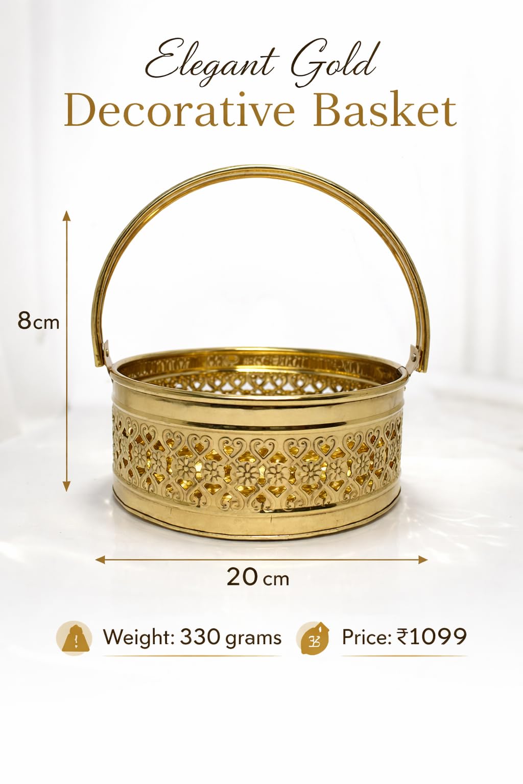 PeetalKraft Brass Pooja Daliya Basket with Handle | Decorative Filigree Design | Om Symbol | Rust-Proof & Durable | Ideal for Pooja, Aarti & Home Decor | 8cm, 20cm, 20cm Variants (midium)