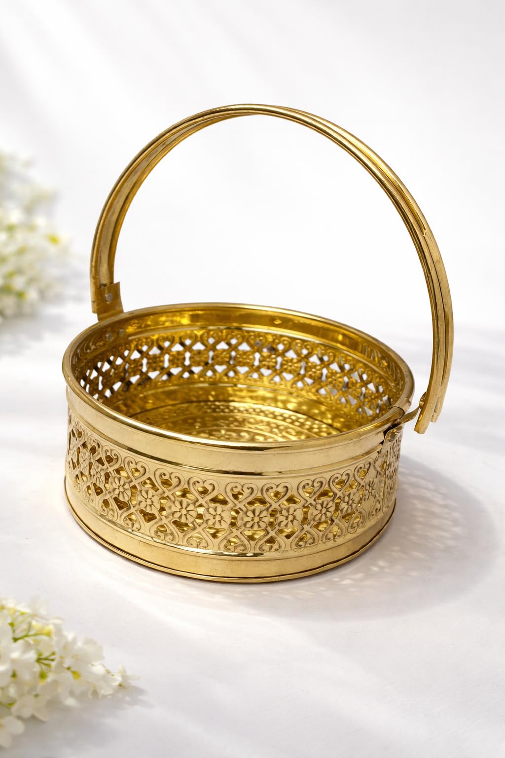 PeetalKraft Brass Pooja Daliya Basket with Handle | Decorative Filigree Design | Om Symbol | Rust-Proof & Durable | Ideal for Pooja, Aarti & Home Decor | 17cm, 20cm, 22cm Variants (large)