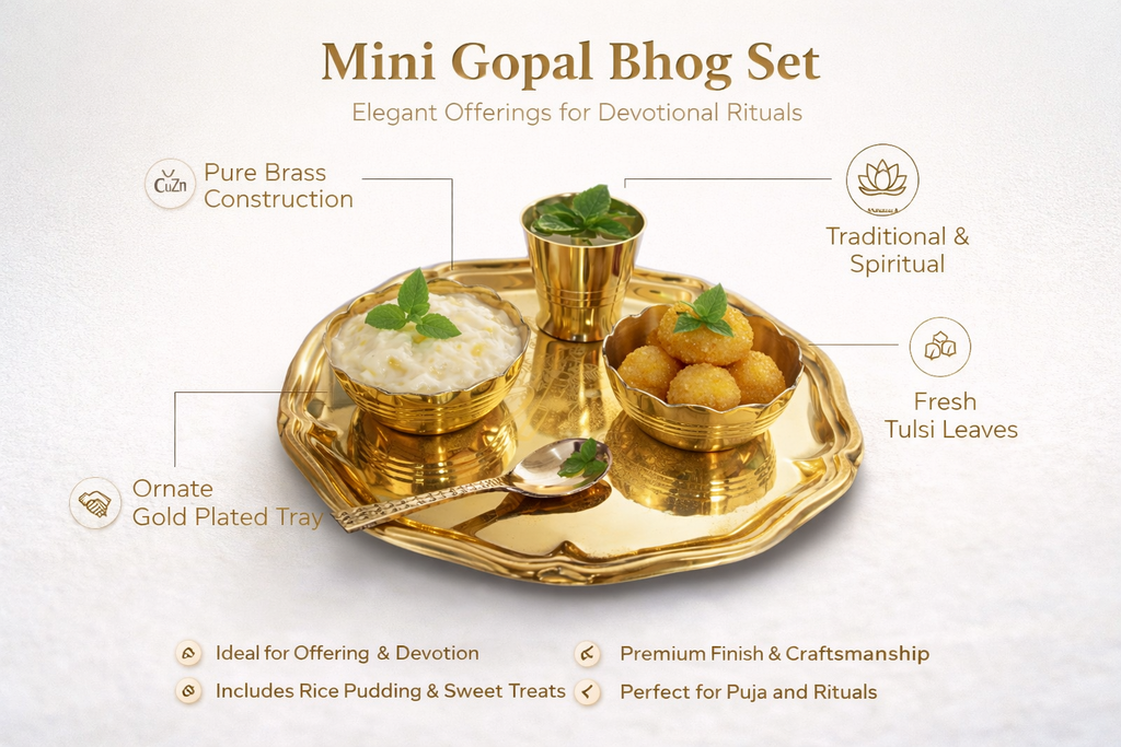PeetalKraft Golden Brass Mini Gopal Set Pooja Thali Glass Set For Bhog Prasad Size 21X21X4 Cm Weight 260 Grams