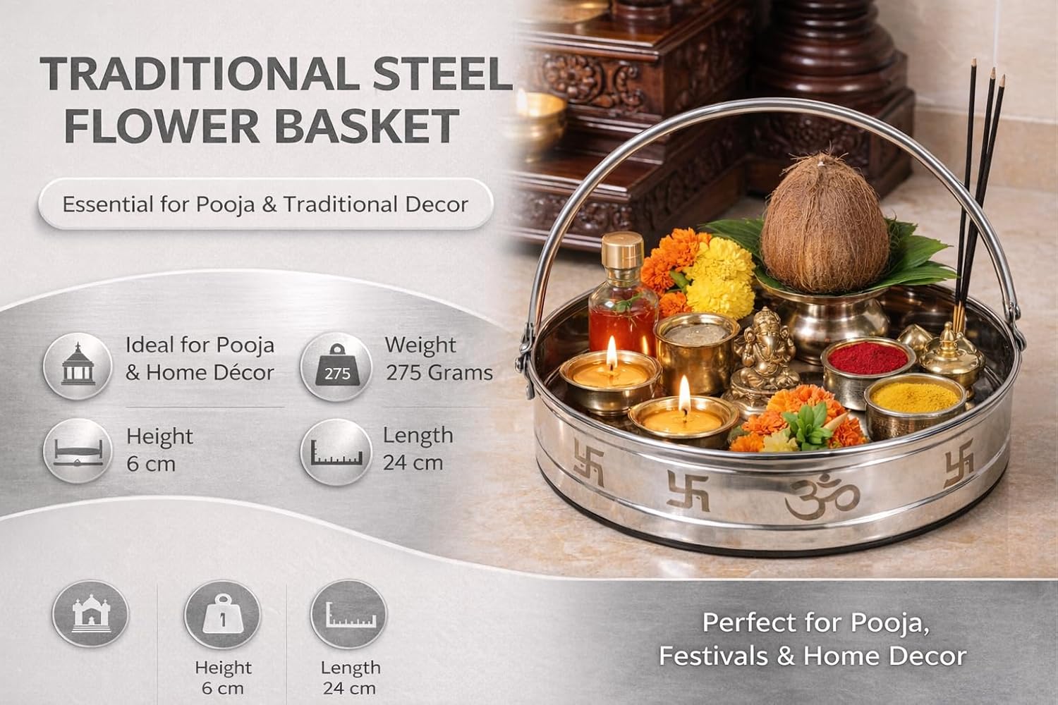 PeetalKraft Steel Round Basket Lightweight Utility Dalia for Home, Size 22x22x6 cm, Weight 250Grams