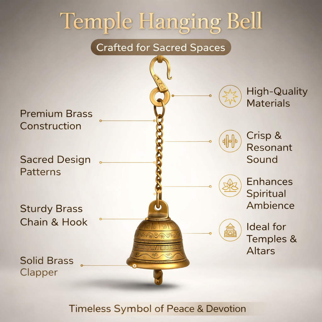 PeetalKraft Golden Brass Decorative Mini Hanging Bell With Chain Hook Size 7X7X43 Cm Weight 315 Grams