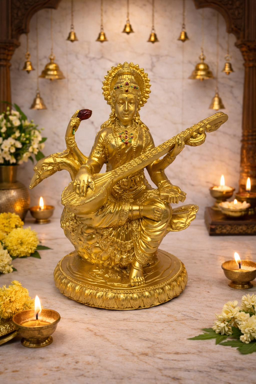 PeetalKraft Resin Veena Vadini Saraswati Statue for Knowledge and Music, Size 10x10x20 cm, Weight 520 Grams