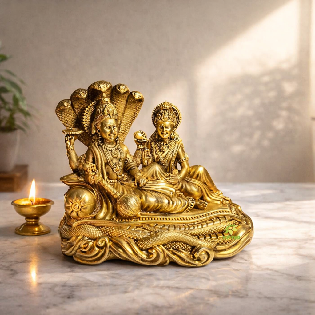 Peetalkraft Brass Lakshmi Vishnu Idol for Home Temple & Decor | Handmade Premium Pooja Murti | Height - 10 cm (Weight-350g)