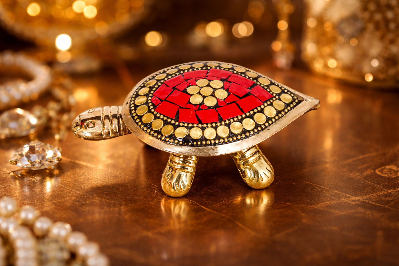 PeetalKraft Handcrafted Brass Red Turtle Trinket Box with Turquoise Inlay, Size 10x6x4 cm, Weight 110 Grams