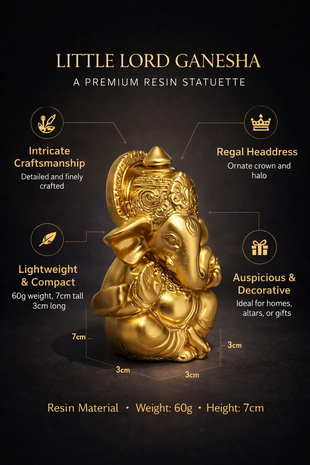 PeetalKraft Resins Little Lord Ganesha Idol for Home Decor & Car Dashboard | Golden Finish | Mini Ganpati Statue for Pooja Room, Office Desk, Gift | 7 cm, 60g