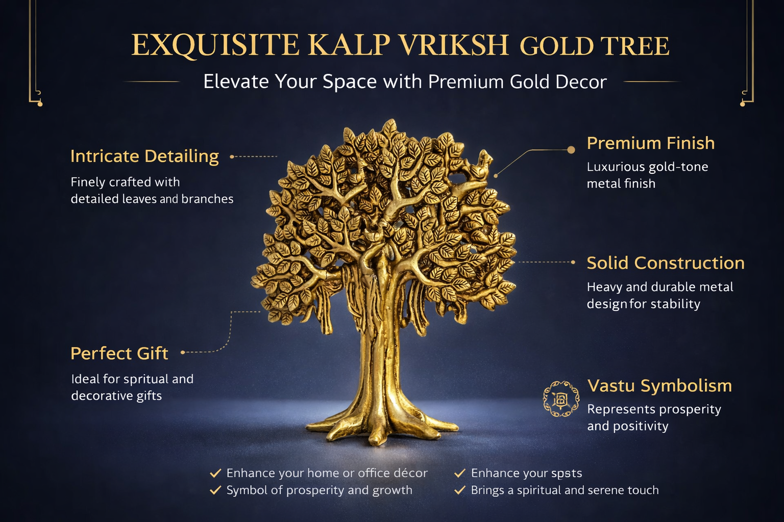 PeetalKraft Brass Kalp Vriksh Tree Showpiece for Home Decor, Office Table & Vastu Decor, Premium Gold Finish, H:20cm, L:18cm, W:5cm. Gift for Housewarming, Diwali & Wedding