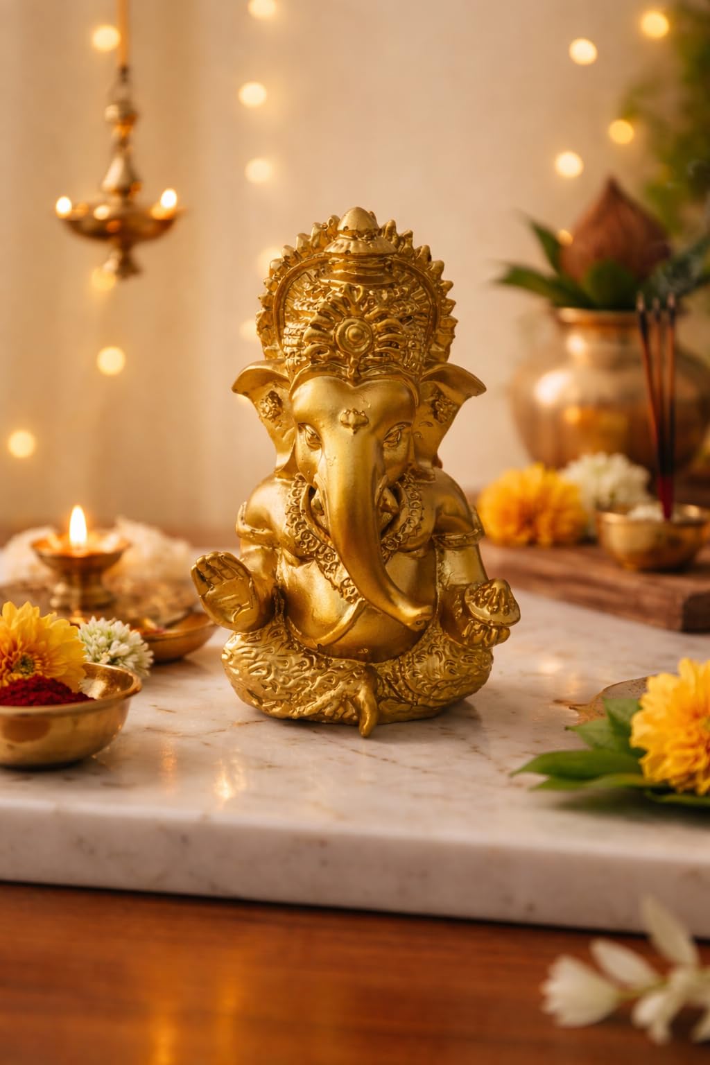 PeetalKraft Lord Ganesha Idol for Home Decor & Pooja | Resin Ganesh Murti | Small Decorative Statue for Mandir, Office Desk, Car Dashboard | Gift Item, 8 cm (80g)