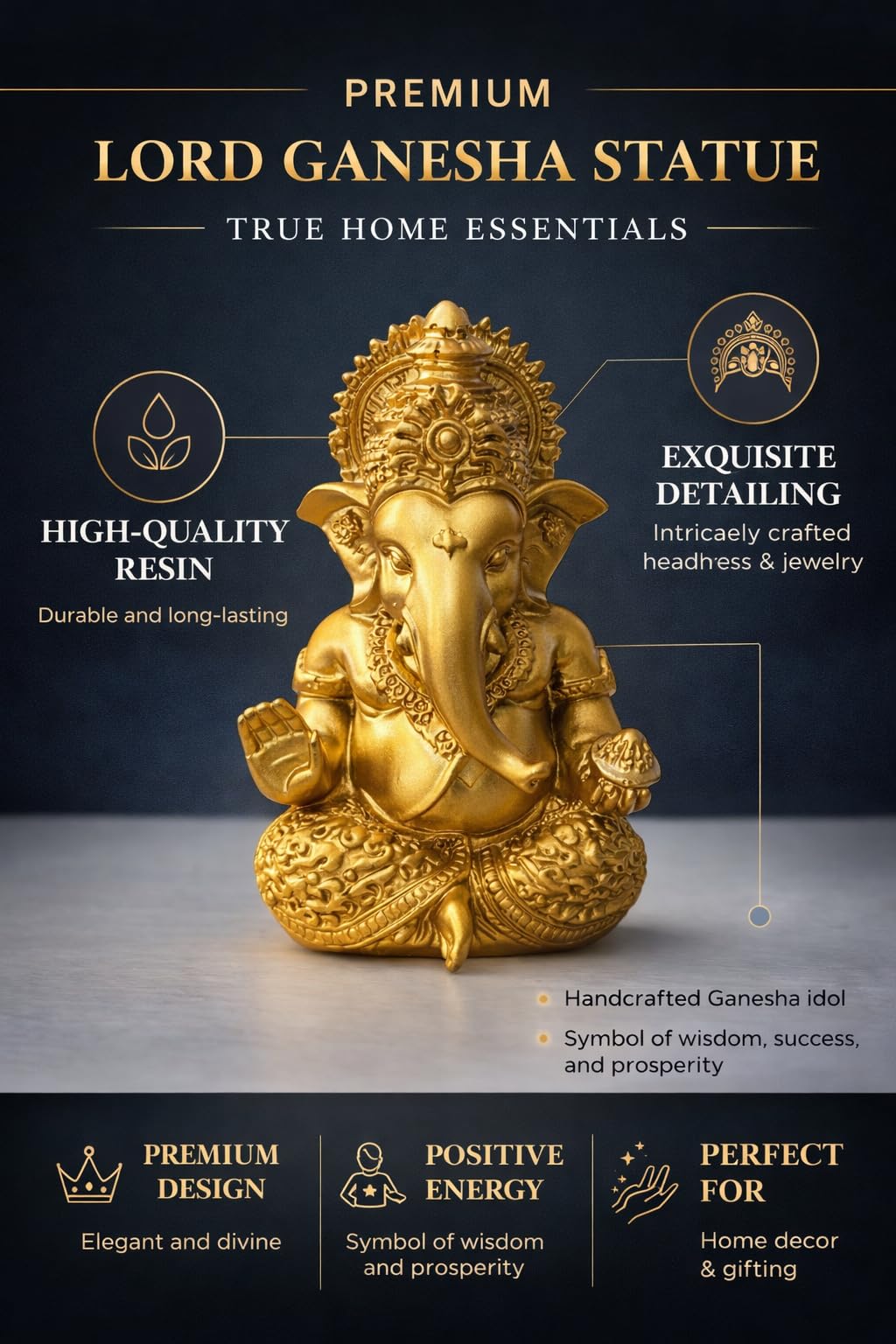 PeetalKraft Lord Ganesha Idol for Home Decor & Pooja | Resin Ganesh Murti | Small Decorative Statue for Mandir, Office Desk, Car Dashboard | Gift Item, 8 cm (80g)