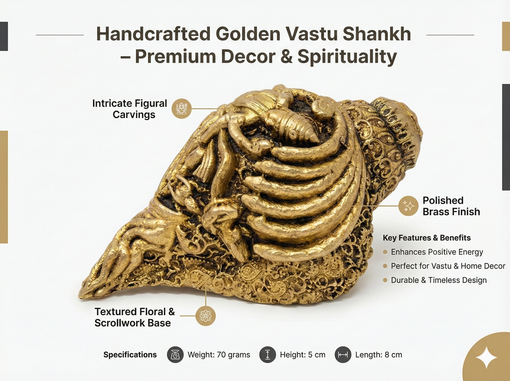 PeetalKraft Ganesha Carving Brass Shankh Showpiece Conch For Home Temple Size 8X4X4 Cm Weight 68 Grams