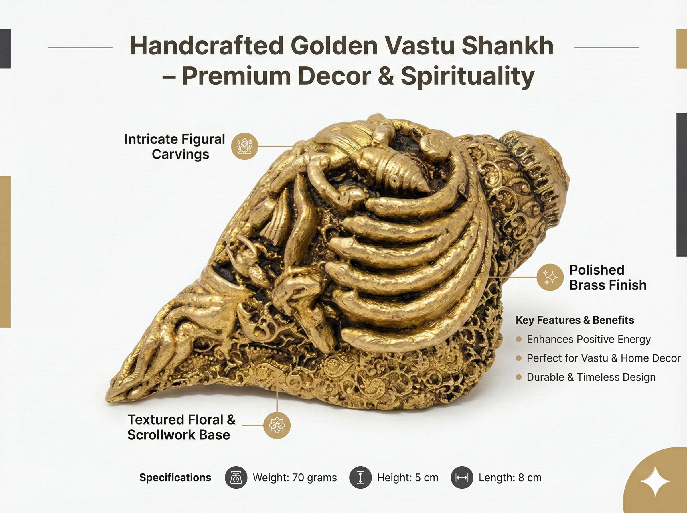 PeetalKraft Ganesha Carving Brass Shankh Showpiece Conch For Home Temple Size 8X4X4 Cm Weight 68 Grams