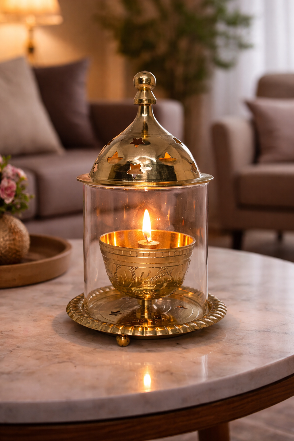PeetalKraft Brass Akhand Diya Holder with Glass Cover, Gold, 15 cm Height, 10 cm Dia, for Pooja and Home Decor