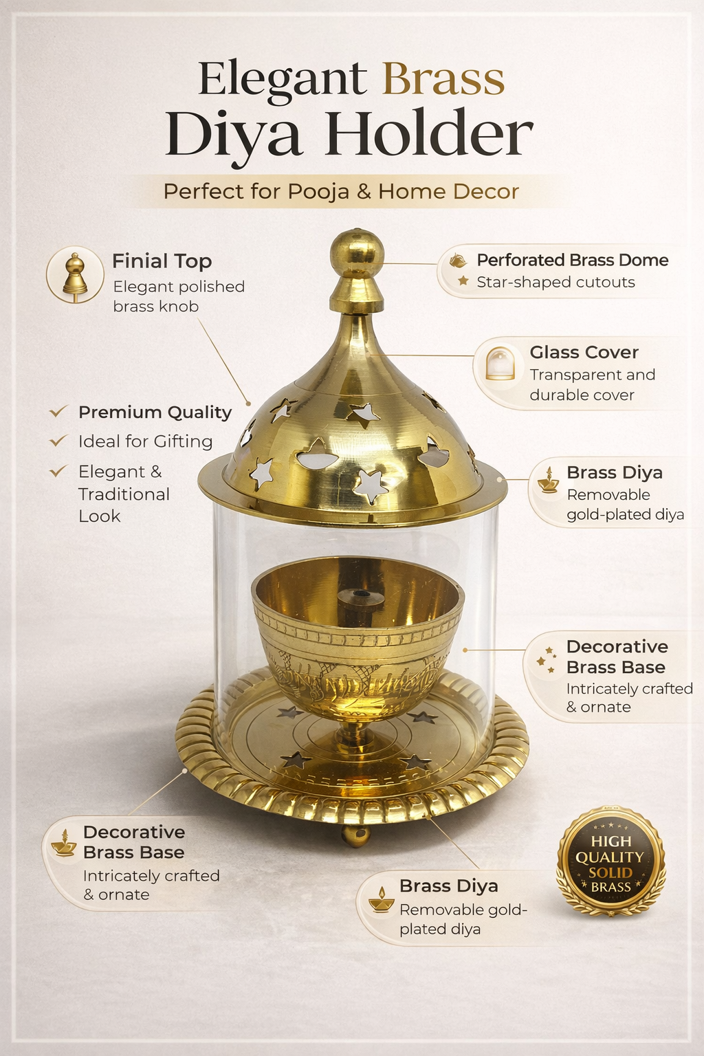 PeetalKraft Brass Akhand Diya Holder with Glass Cover, Gold, 15 cm Height, 10 cm Dia, for Pooja and Home Decor