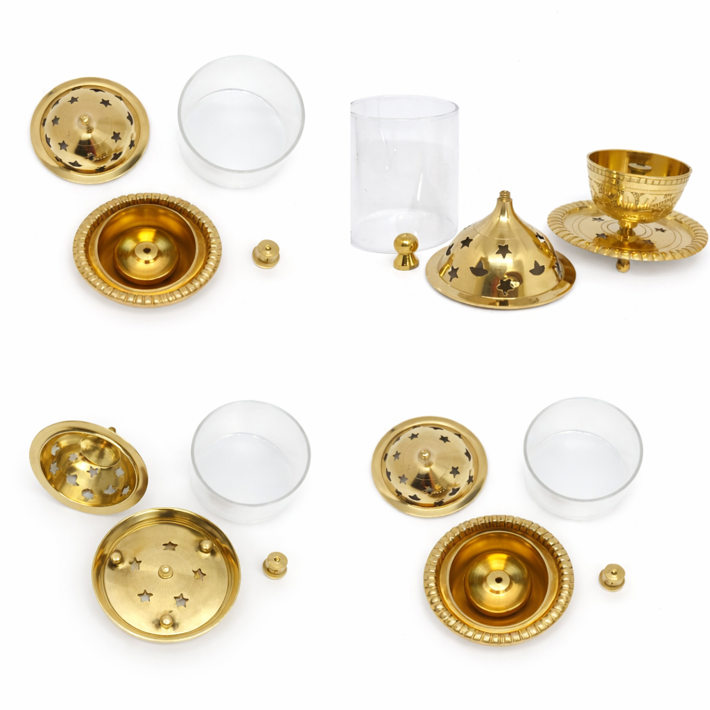 PeetalKraft Brass Akhand Diya Holder with Glass Cover, Gold, 15 cm Height, 10 cm Dia, for Pooja and Home Decor