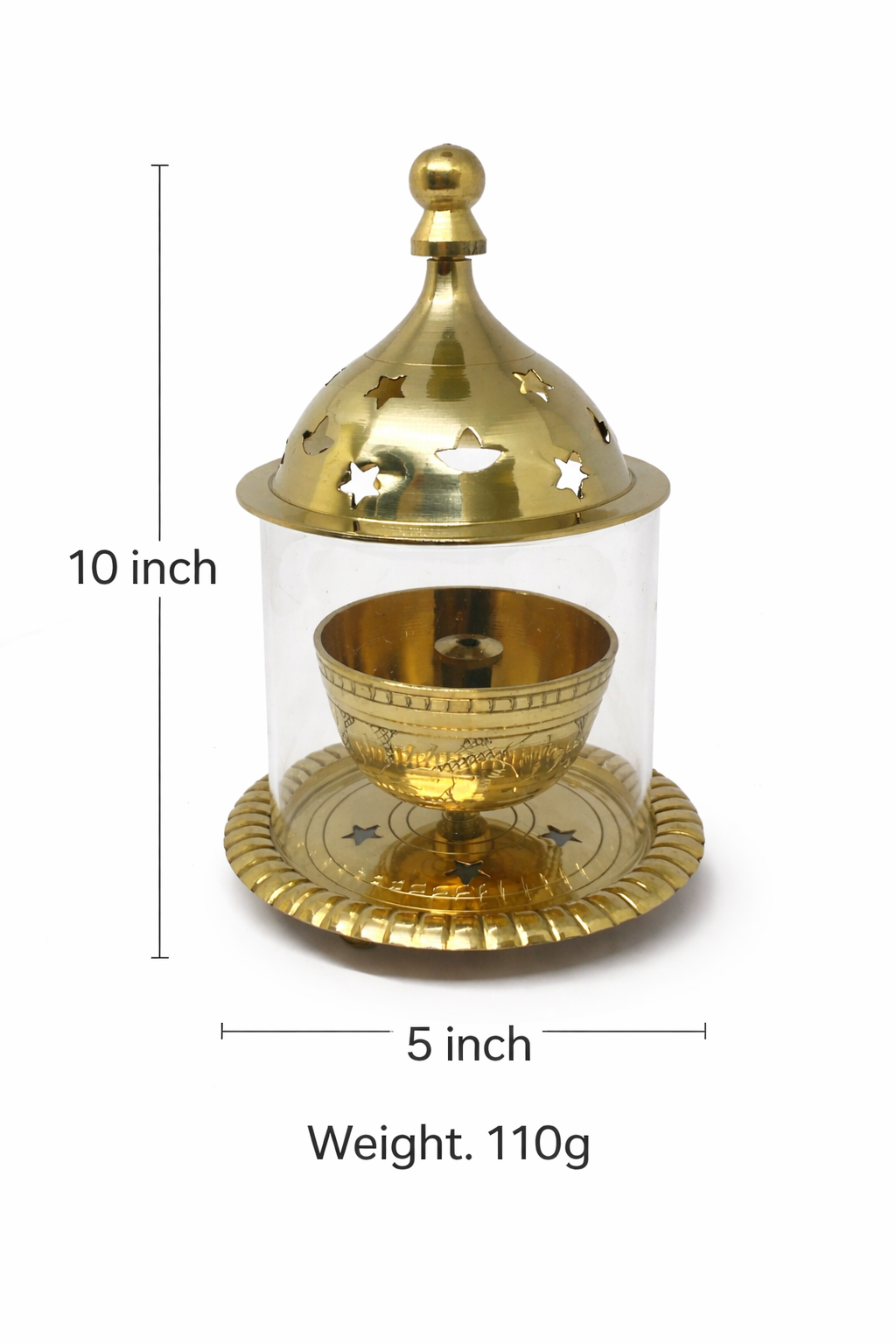 PeetalKraft Brass Akhand Diya Holder with Glass Cover, Gold, 15 cm Height, 10 cm Dia, for Pooja and Home Decor