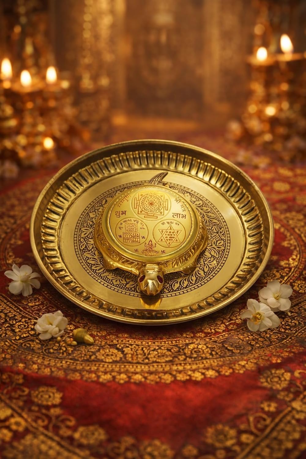 PeetalKraft Tortoise Shri Yantra with Brass Finish Decorative Plate with Velvet Storage Box | Vastu Feng Shui Tortoise for Good Luck Prosperity | Home Office Decor 9 cm 180 g