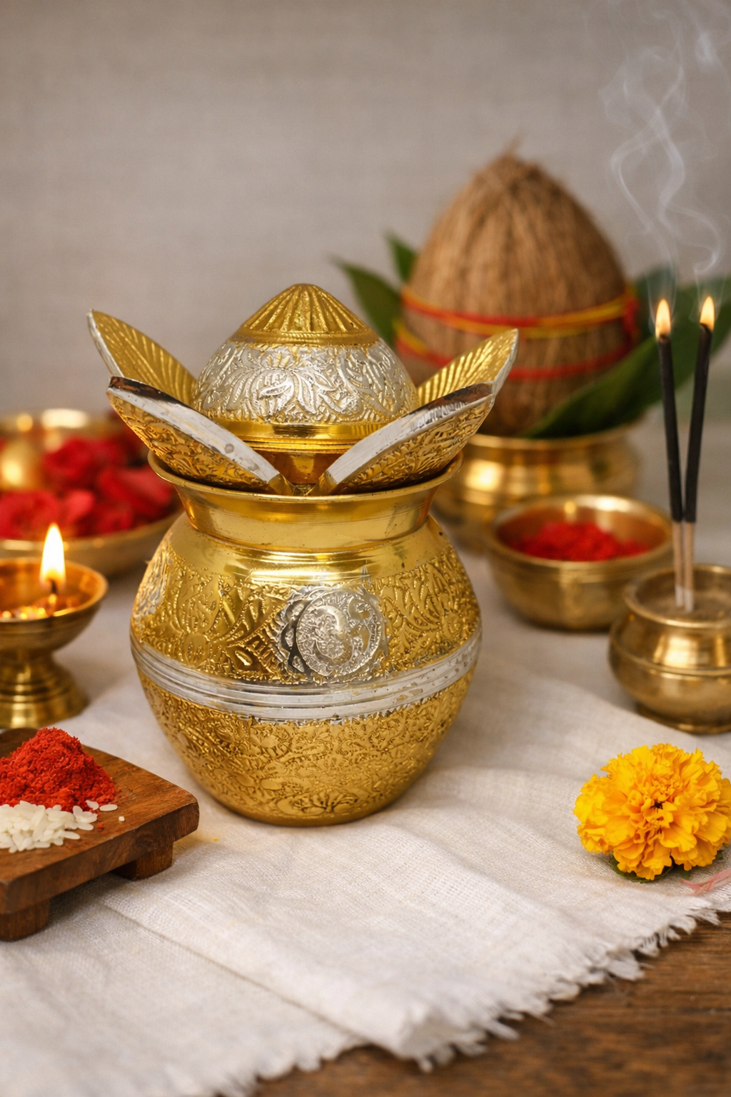 PeetalKraft Brass Kalash With Handcrafted Enamel Design For Festival Decor Size 9X9X16 Cm Weight 812 Grams