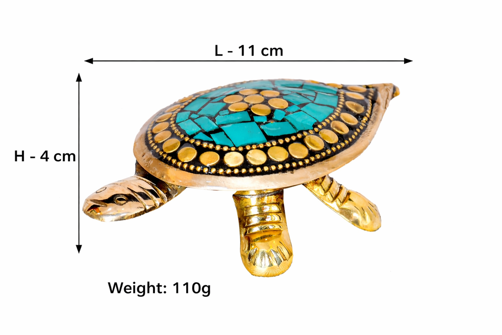 PeetalKraft Handcrafted Brass Green Turtle Trinket Box with Turquoise Inlay, Size 11x6x4 cm, Weight 110 Grams