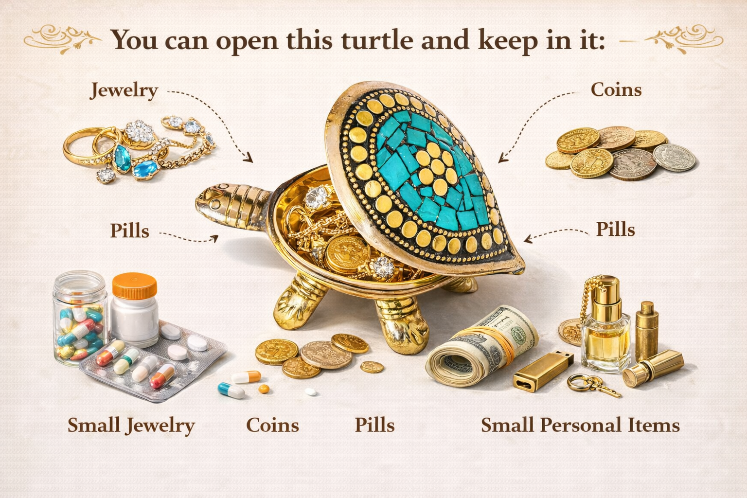 PeetalKraft Handcrafted Brass Green Turtle Trinket Box with Turquoise Inlay, Size 11x6x4 cm, Weight 110 Grams
