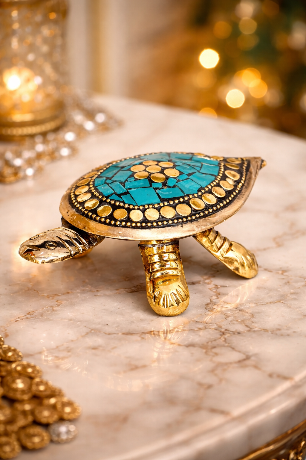 PeetalKraft Handcrafted Brass Green Turtle Trinket Box with Turquoise Inlay, Size 11x6x4 cm, Weight 110 Grams