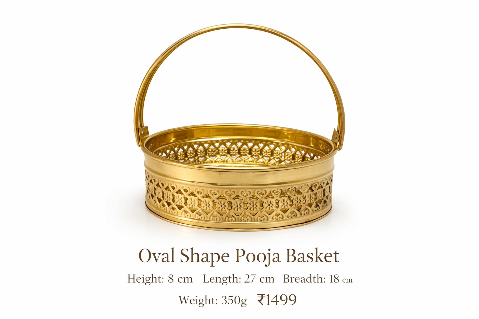 PeetalKraft Premium Brass Oval Pooja Basket with Handle & Om Design | Decorative Pooja Thali Basket for Mandir, Diwali, Gifting | Heavy Duty Brass Daliya (8 cm Height) (Large)