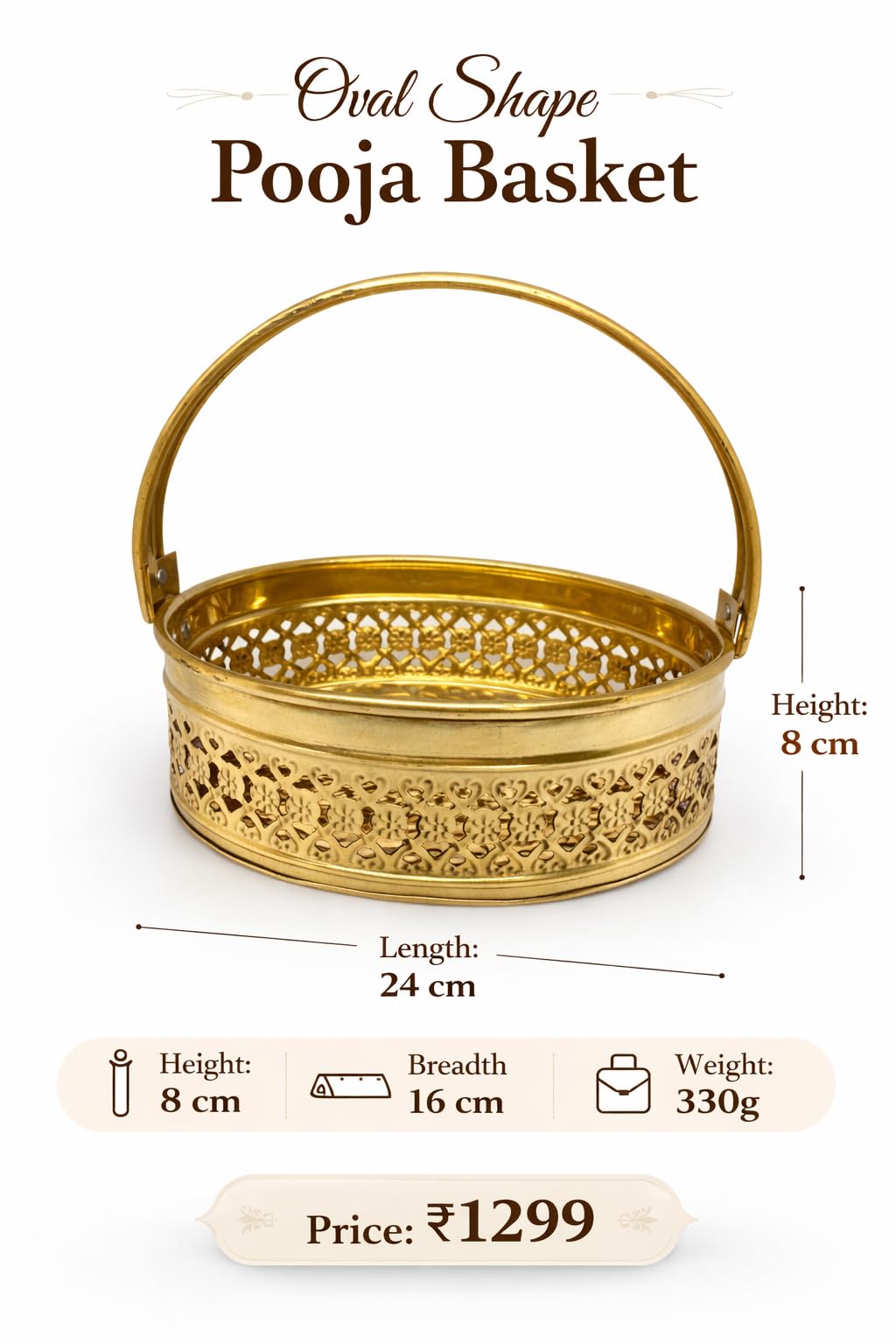PeetalKraft Premium Brass Oval Pooja Basket with Handle & Om Design | Decorative Pooja Thali Basket for Mandir, Diwali, Gifting | Heavy Duty Brass Daliya (8 cm Height) (midium)