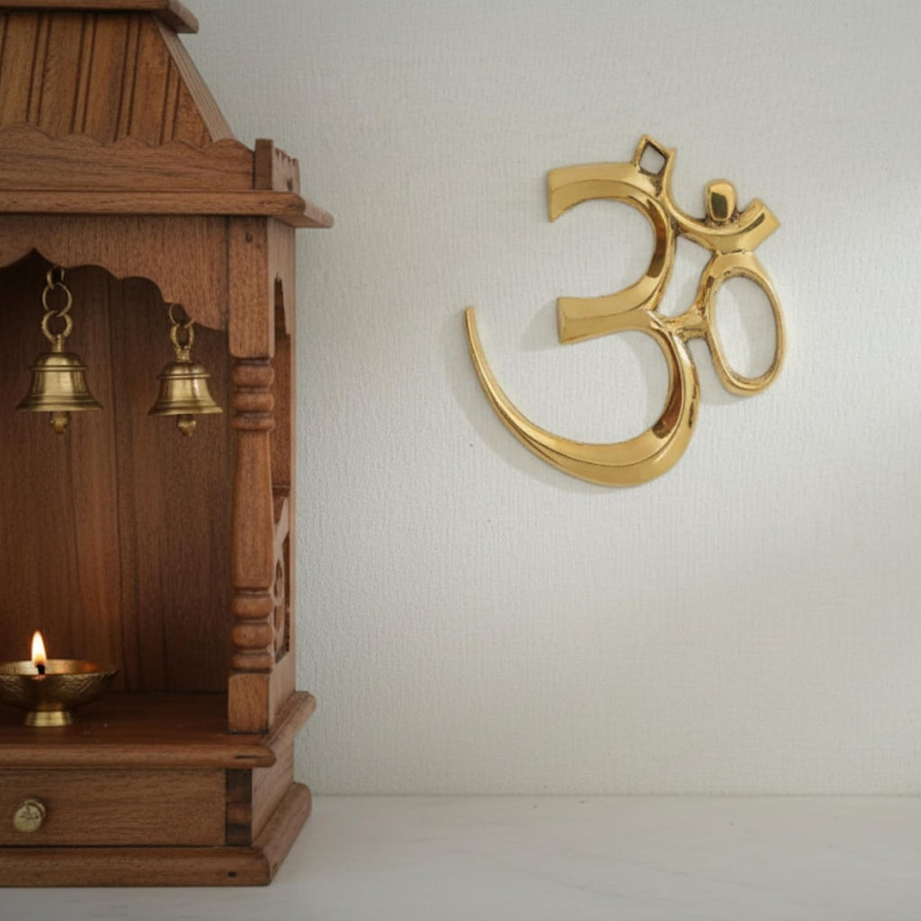 PeetalKraft Brass Om Symbol Wall Décor, Gold Finish, 14x13 cm, for Pooja Room, Temple & Entrance