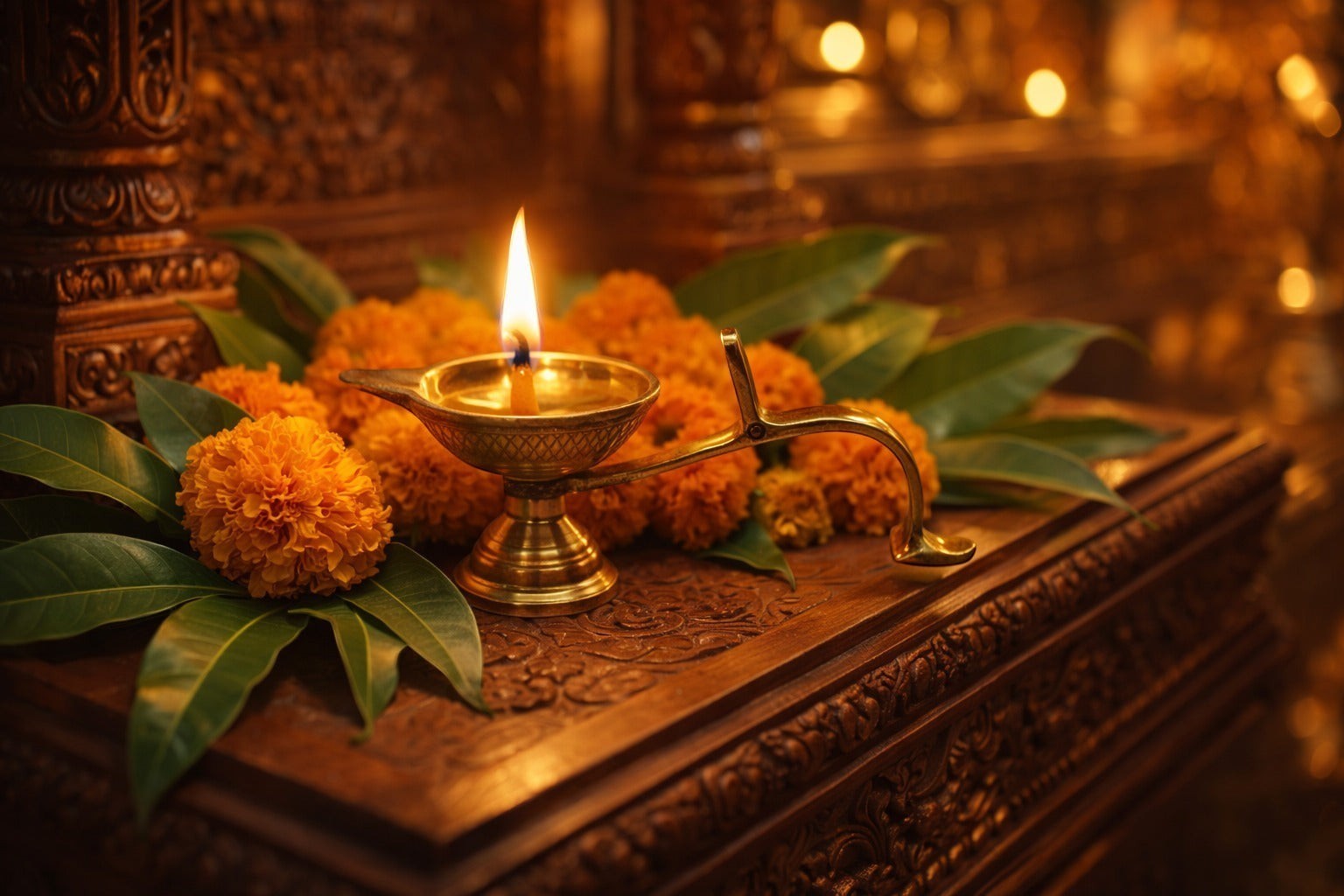 PeetalKraft small brass diya with handle, lit flame, surrounded by orange marigolds and green leaves on a wooden surface.