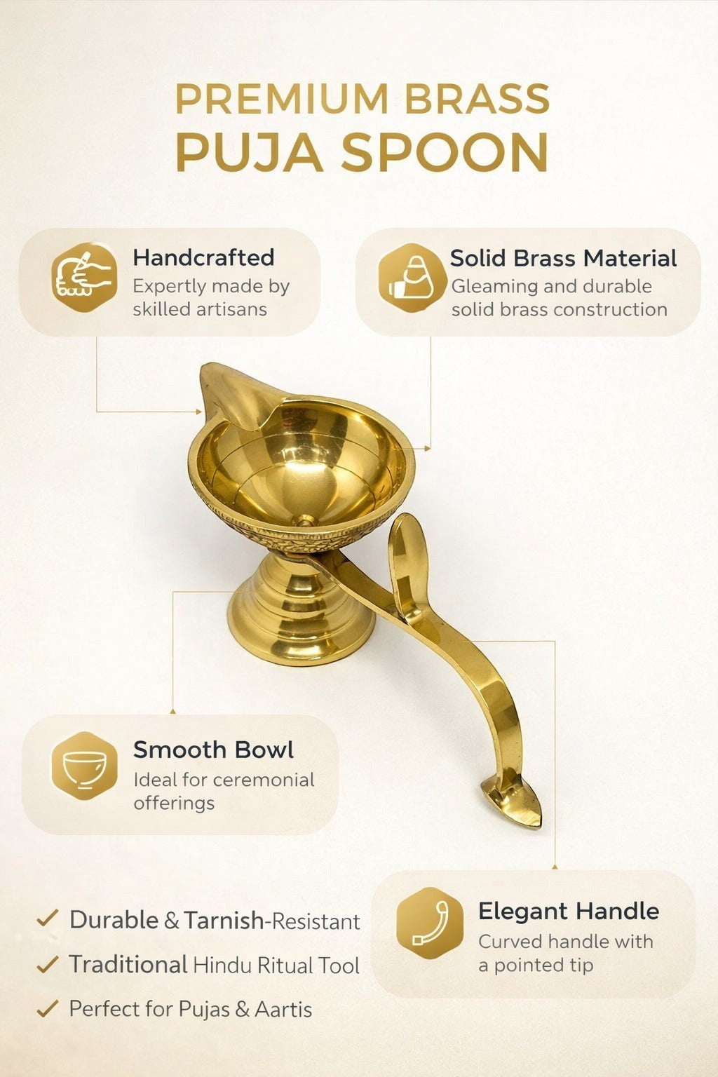 PeetalKraft small brass diya with handle, ideal for home temple and spiritual puja. Features a smooth bowl and elegant curved handle.