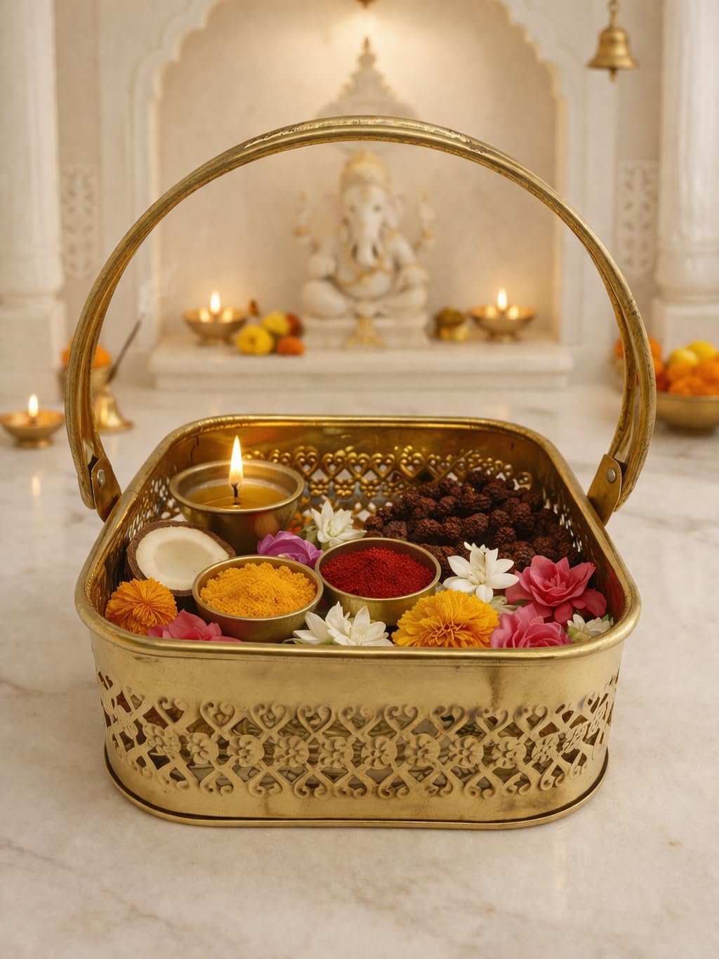 PeetalKraft Brass Square Pooja Basket with Handle | Decorative Puja Daliya for Mandir, Wedding, Festive Use | Durable & Traditional Design (8 cm Height, Multiple Sizes) (Large)