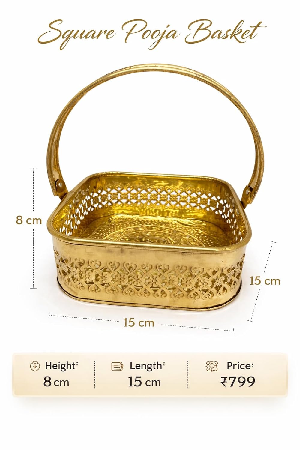 PeetalKraft Brass Square Pooja Basket with Handle | Decorative Puja Daliya for Mandir, Wedding, Festive Use | Durable & Traditional Design (8 cm Height, Multiple Sizes) (medium)