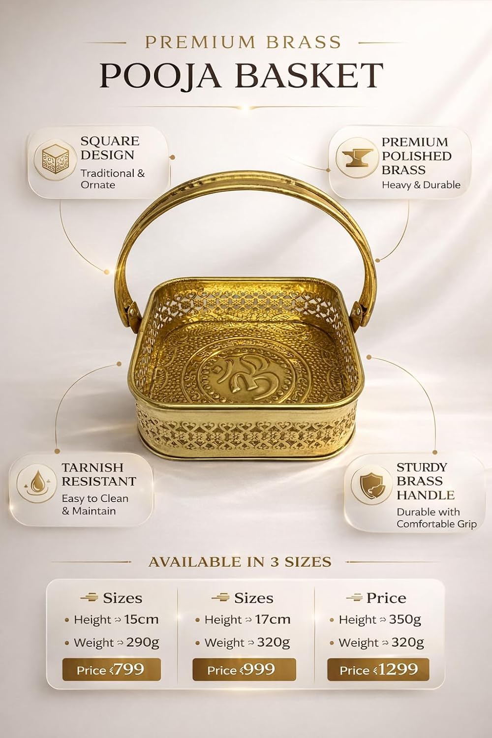 PeetalKraft Brass Square Pooja Basket with Handle | Decorative Puja Daliya for Mandir, Wedding, Festive Use | Durable & Traditional Design (8 cm Height, Multiple Sizes) (medium)